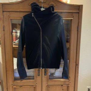 Rick Owens black sweatshirt with leather trim and avant garde zipper.